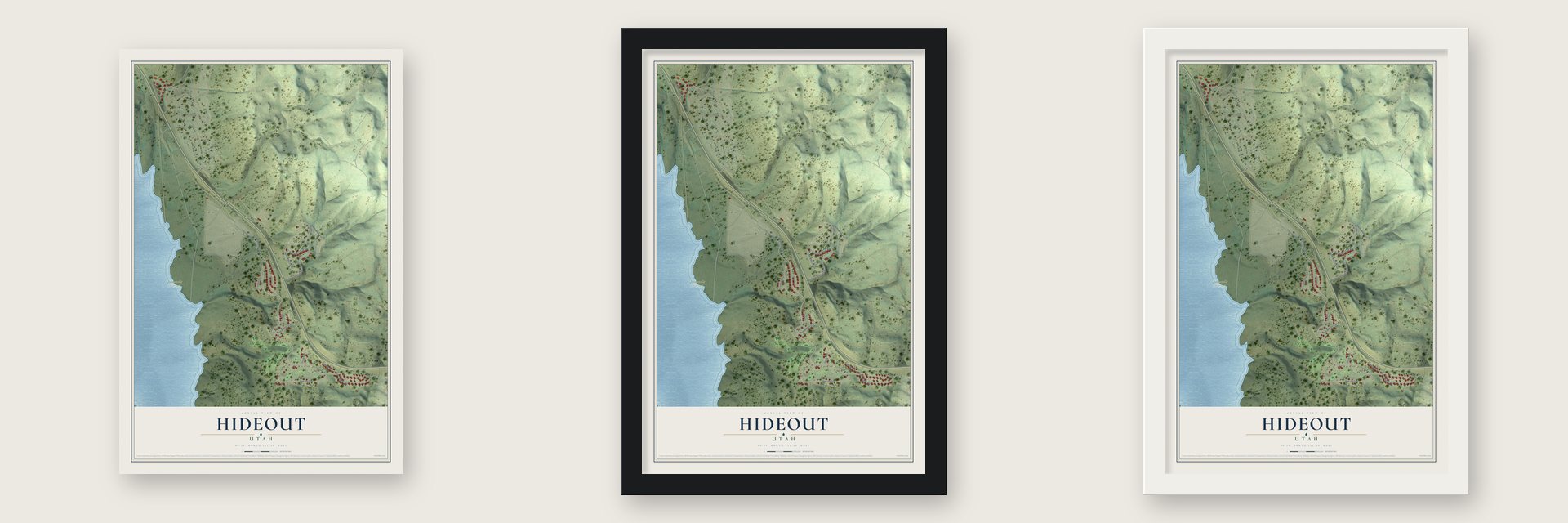 Hideout, Utah map unframed, in a black wood frame and in a white wood frame