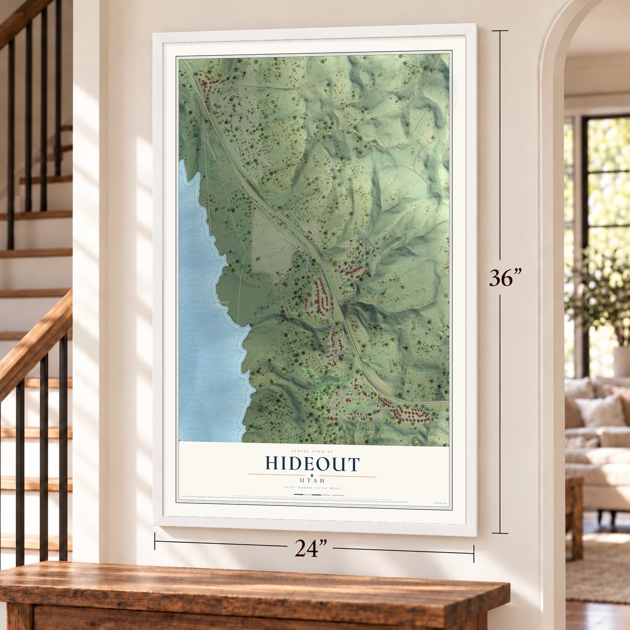 Hideout, Utah map, 24 x 36 inch print in a white frame by a staircase