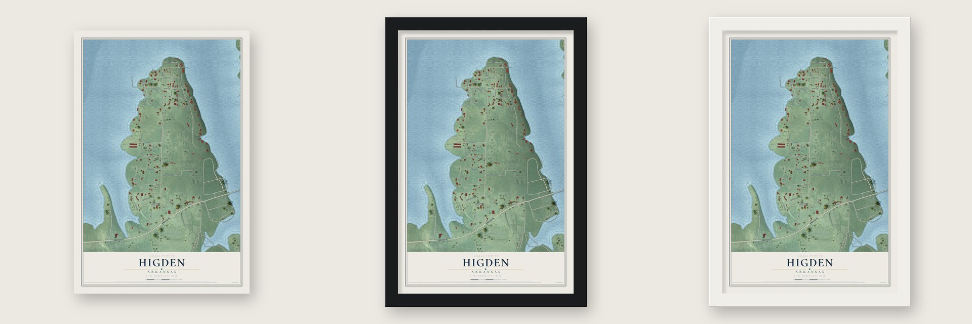 Higden, Arkansas map unframed, in a black wood frame and in a white wood frame