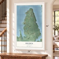 Higden, Arkansas map, 24 x 36 inch print in a white frame by a staircase