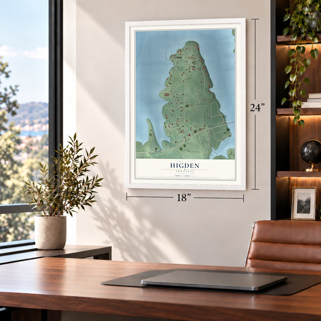 Higden, Arkansas map, 18 x 24 inch print in a white frame in a home office