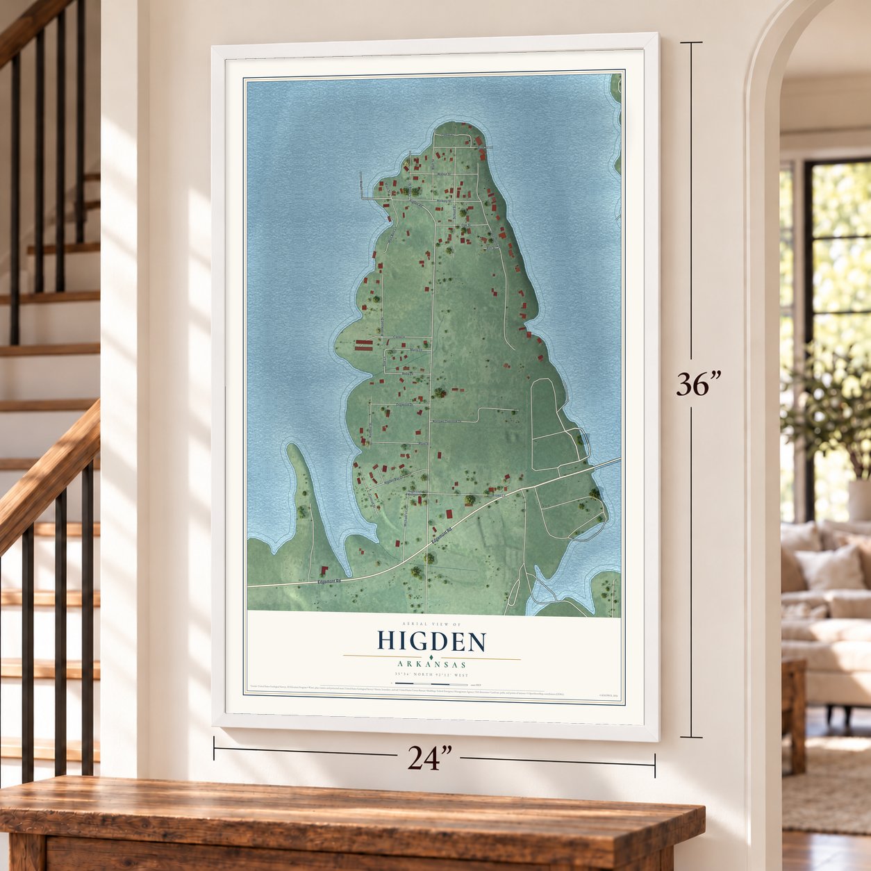 Higden, Arkansas map, 24 x 36 inch print in a white frame by a staircase