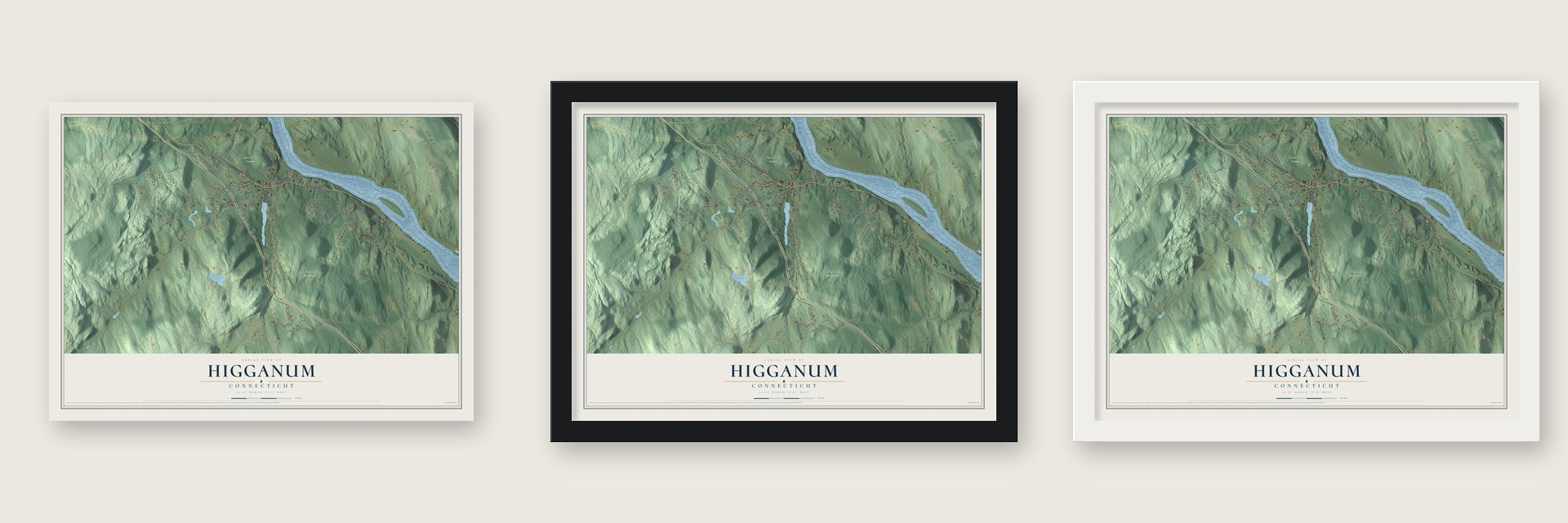 Higganum, Connecticut map unframed, in a black wood frame and in a white wood frame