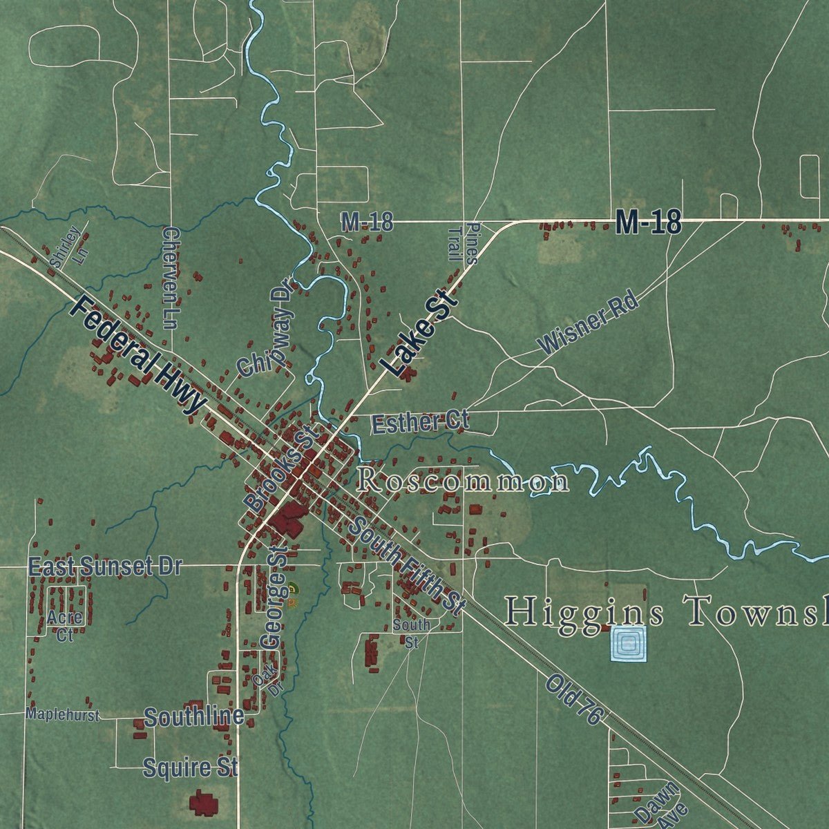 Second close-up of the map of Higgins, Michigan print showing more streets and buildings