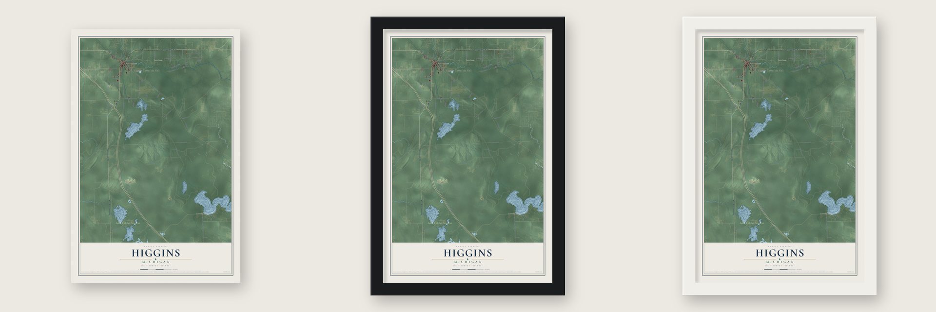 Higgins, Michigan map unframed, in a black wood frame and in a white wood frame