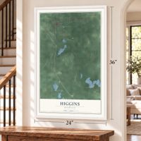 Higgins, Michigan map, 24 x 36 inch print in a white frame by a staircase