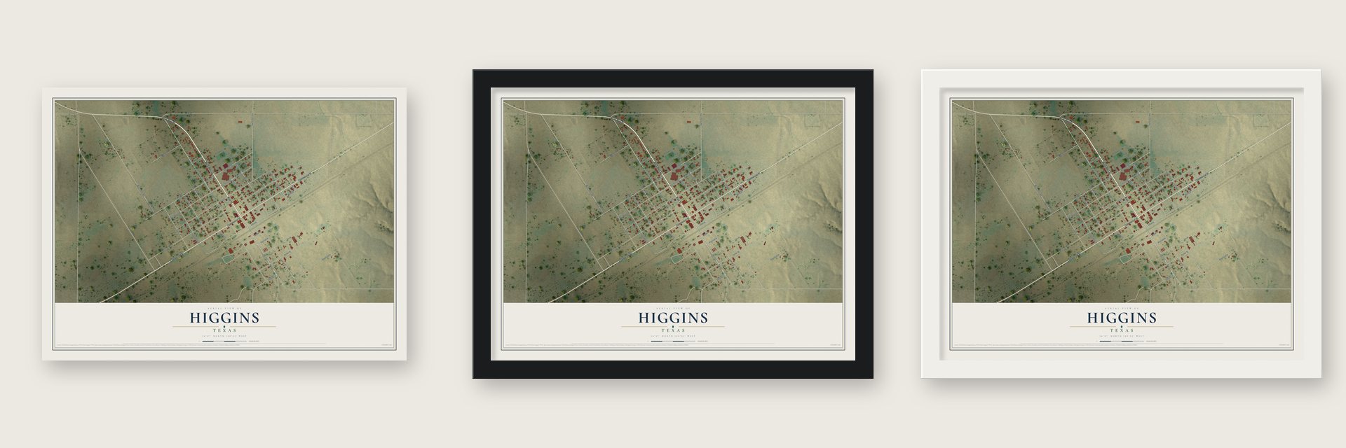 Higgins, Texas map unframed, in a black wood frame and in a white wood frame