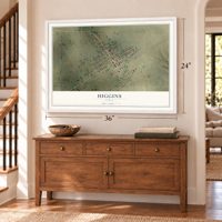 Higgins, Texas map, 24 x 36 inch print in a white frame above a dresser by a staircase