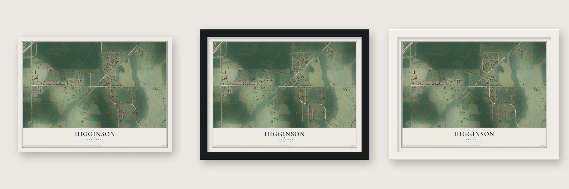 Higginson, Arkansas map unframed, in a black wood frame and in a white wood frame