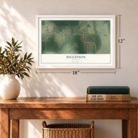 Higginson, Arkansas map, 12 x 18 inch print in a white frame in an entryway
