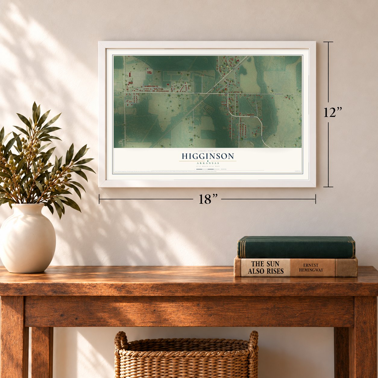 Higginson, Arkansas map, 12 x 18 inch print in a white frame in an entryway