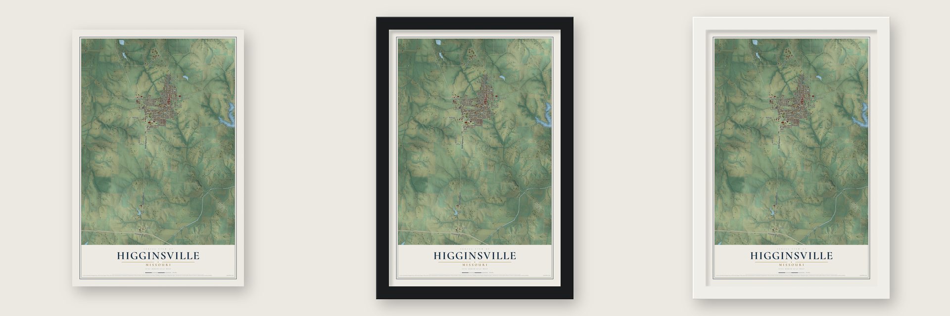 Higginsville, Missouri map unframed, in a black wood frame and in a white wood frame