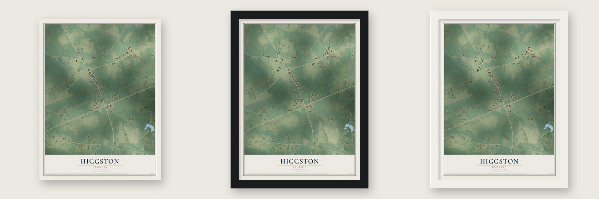 Higgston, Georgia map unframed, in a black wood frame and in a white wood frame
