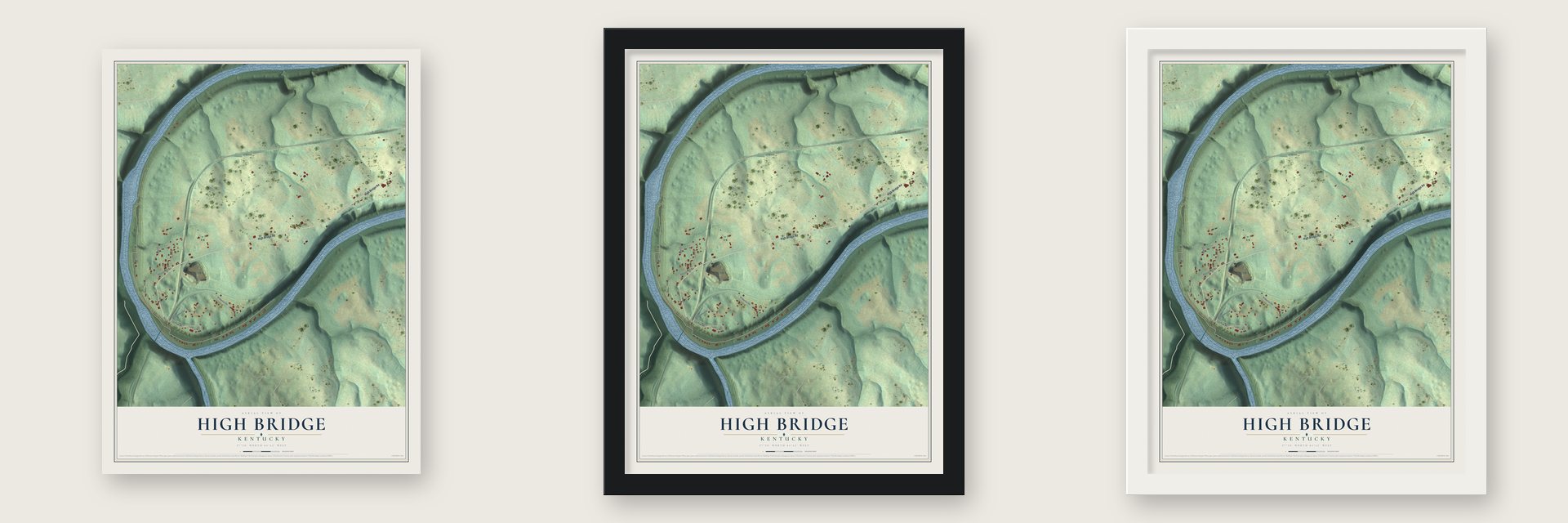 High Bridge, Kentucky map unframed, in a black wood frame and in a white wood frame