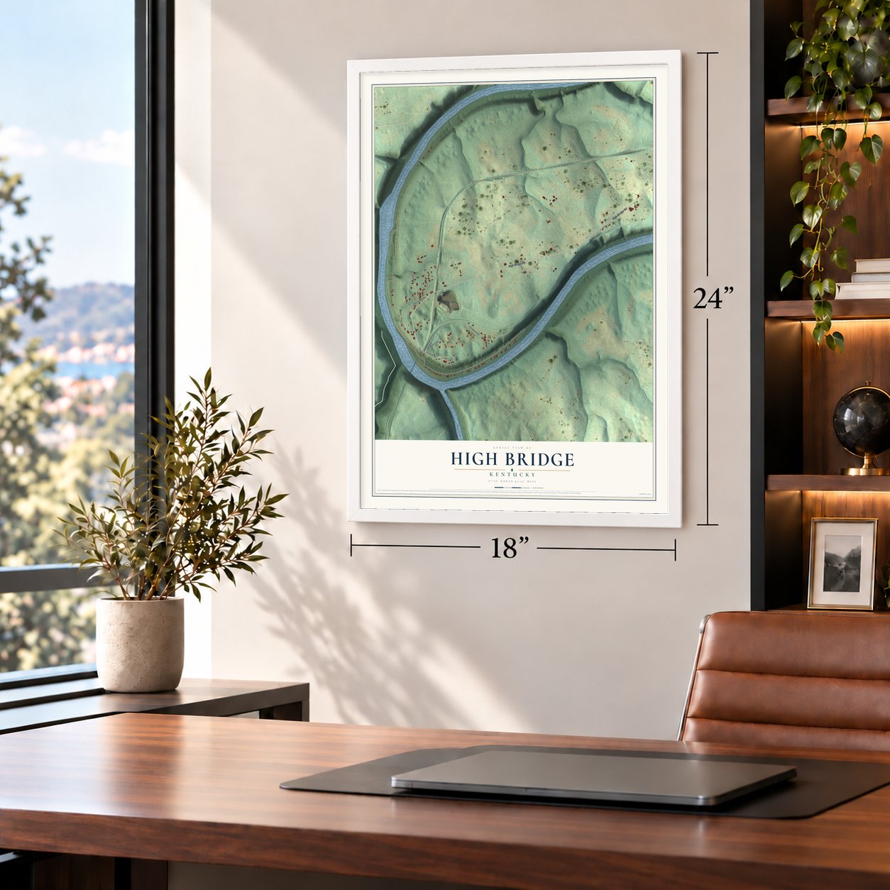 High Bridge, Kentucky map, 18 x 24 inch print in a white frame in a home office