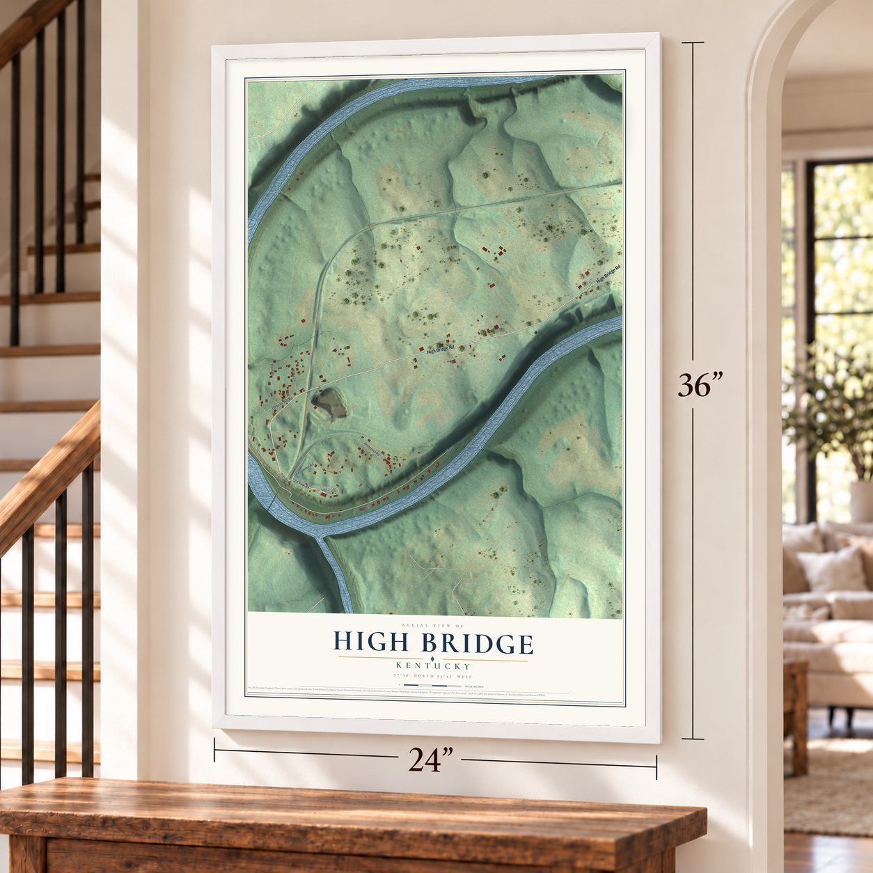 High Bridge, Kentucky map, 24 x 36 inch print in a white frame by a staircase