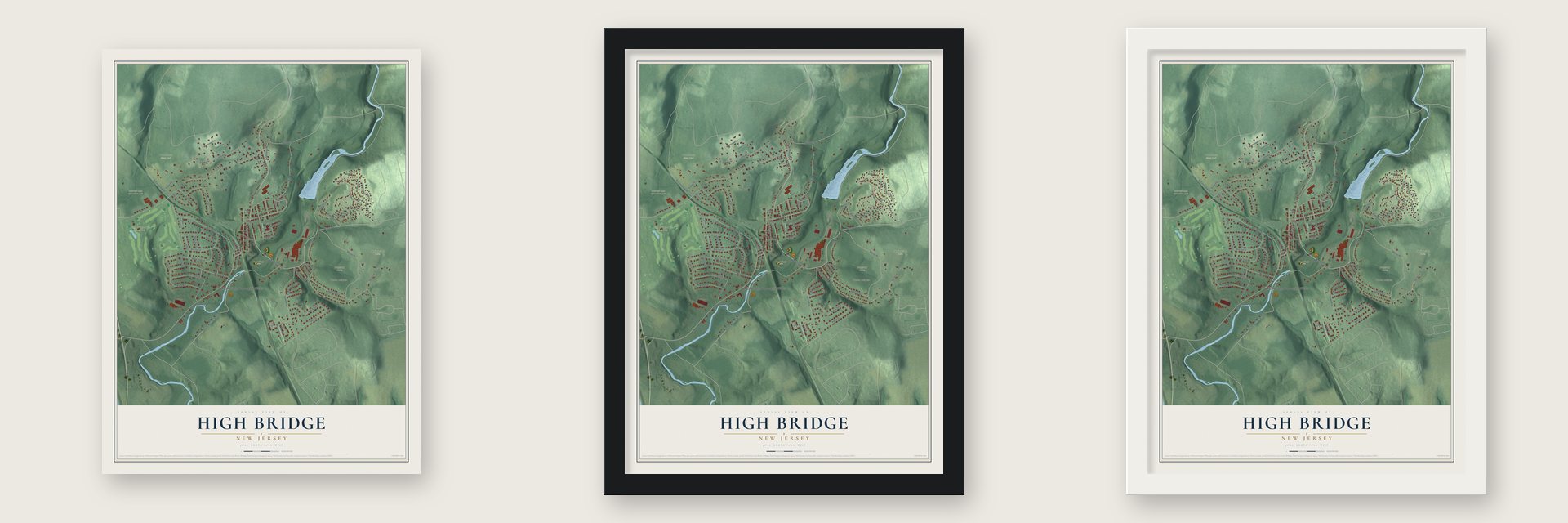 High Bridge, New Jersey map unframed, in a black wood frame and in a white wood frame