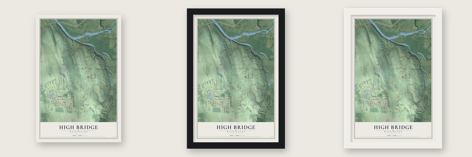 High Bridge, Washington map unframed, in a black wood frame and in a white wood frame