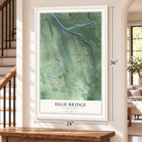High Bridge, Washington map, 24 x 36 inch print in a white frame by a staircase