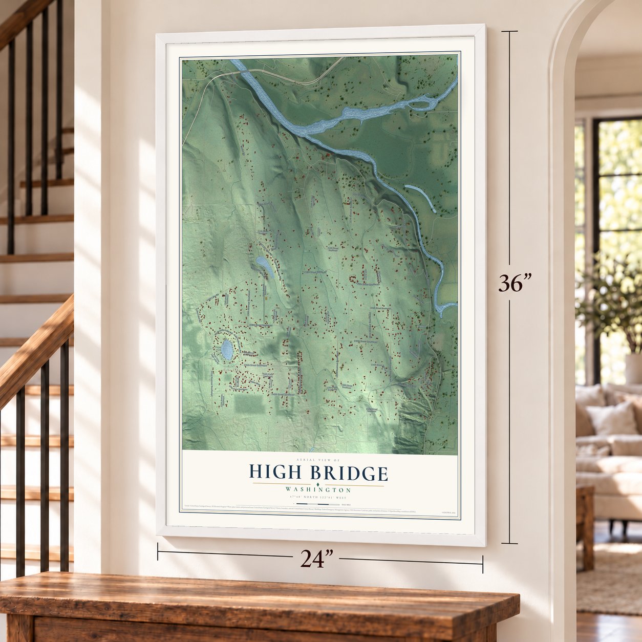 High Bridge, Washington map, 24 x 36 inch print in a white frame by a staircase