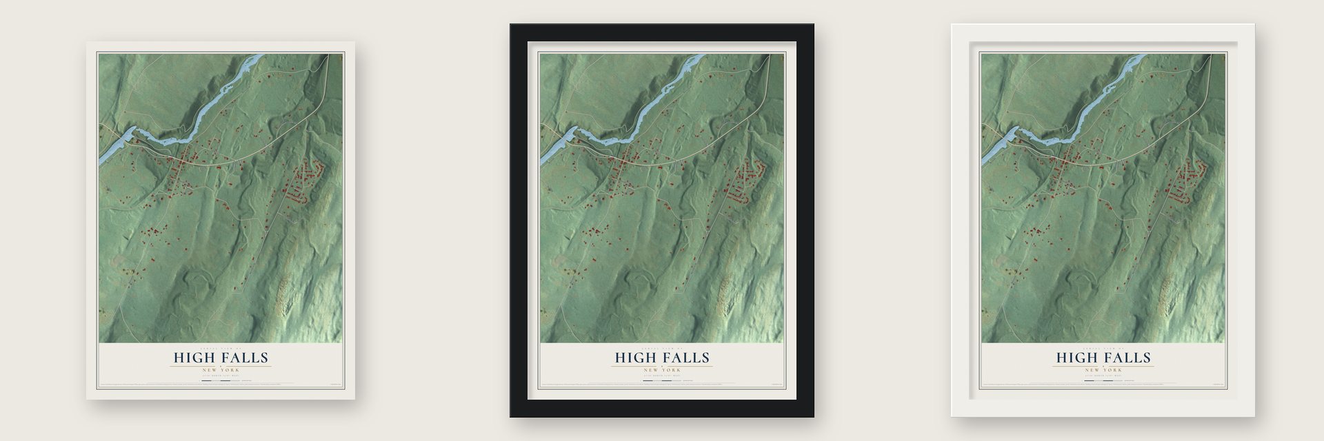 High Falls, New York map unframed, in a black wood frame and in a white wood frame