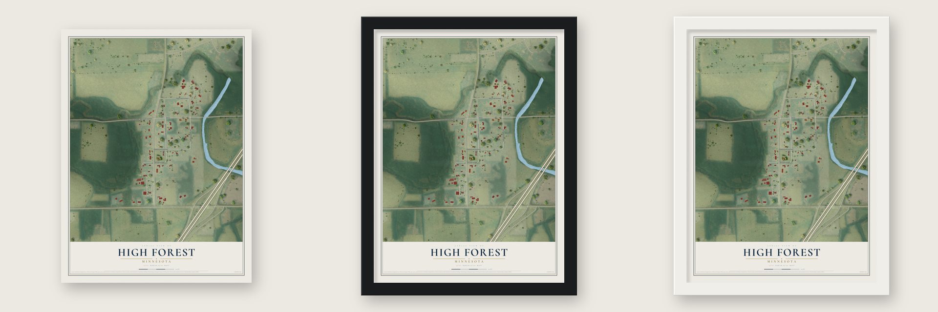 High Forest, Minnesota map unframed, in a black wood frame and in a white wood frame