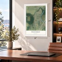 High Forest, Minnesota map, 18 x 24 inch print in a white frame in a home office