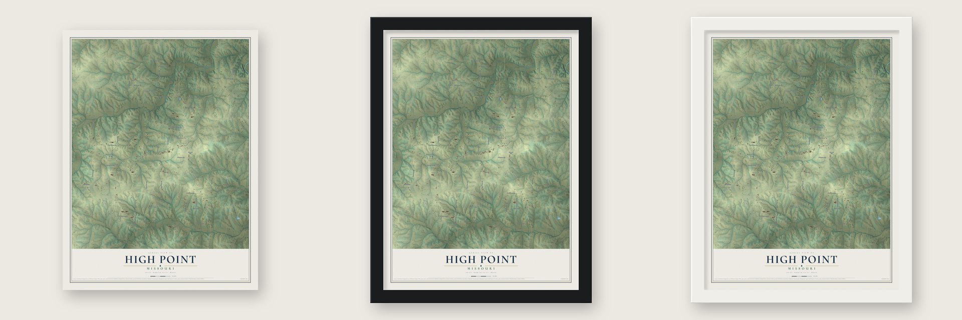 High Point, Missouri map unframed, in a black wood frame and in a white wood frame