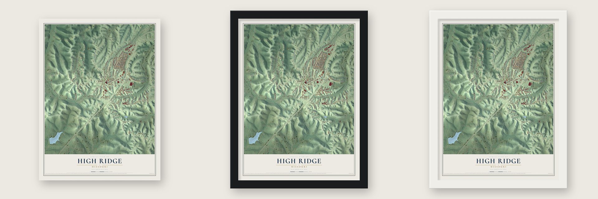 High Ridge, Missouri map unframed, in a black wood frame and in a white wood frame