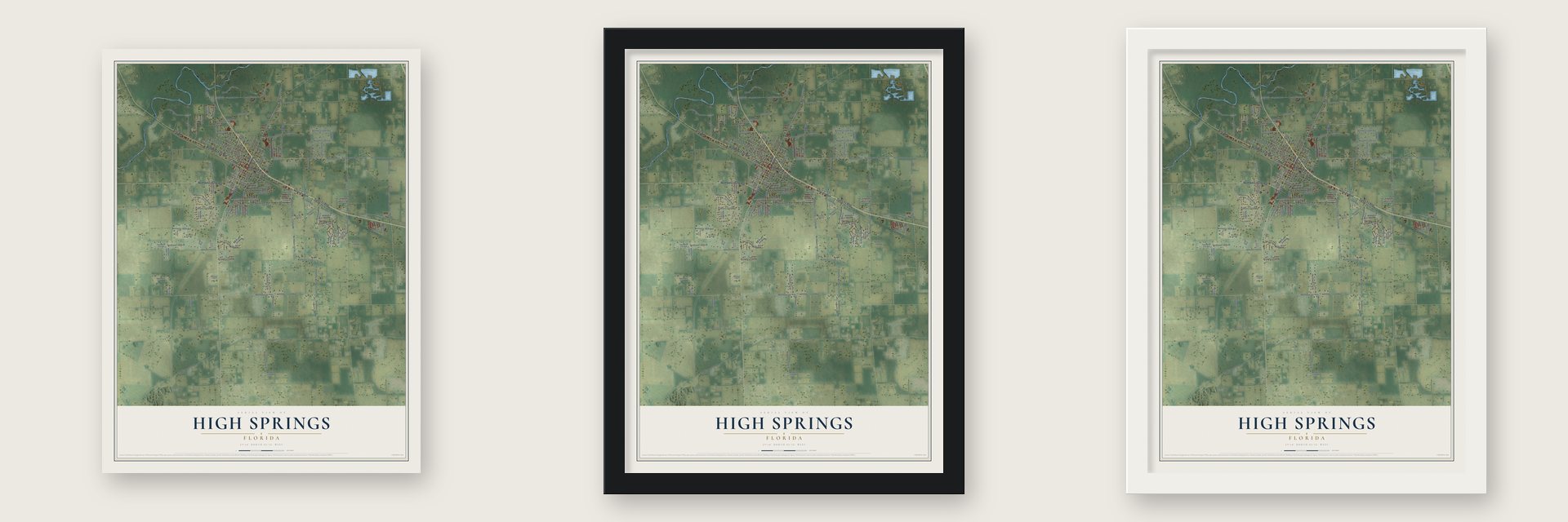High Springs, Florida map unframed, in a black wood frame and in a white wood frame