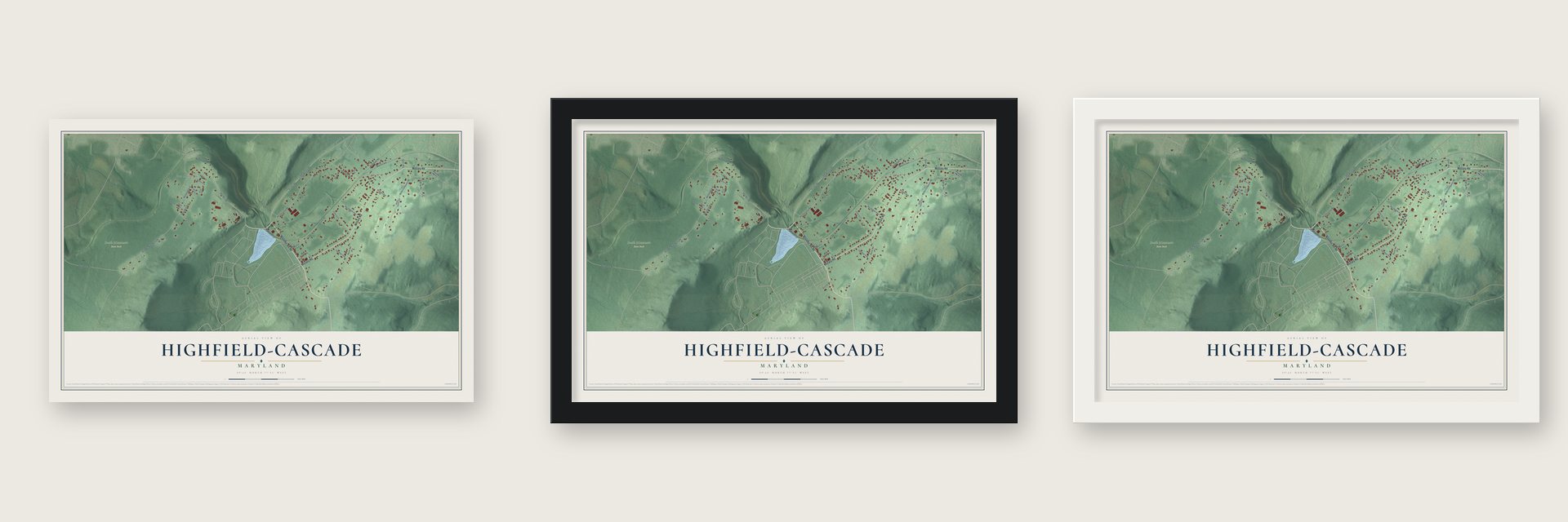 Highfield-Cascade, Maryland map unframed, in a black wood frame and in a white wood frame