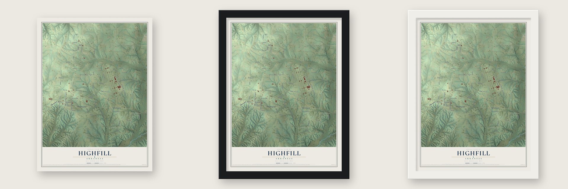 Highfill, Arkansas map unframed, in a black wood frame and in a white wood frame