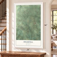 Highfill, Arkansas map, 24 x 36 inch print in a white frame by a staircase