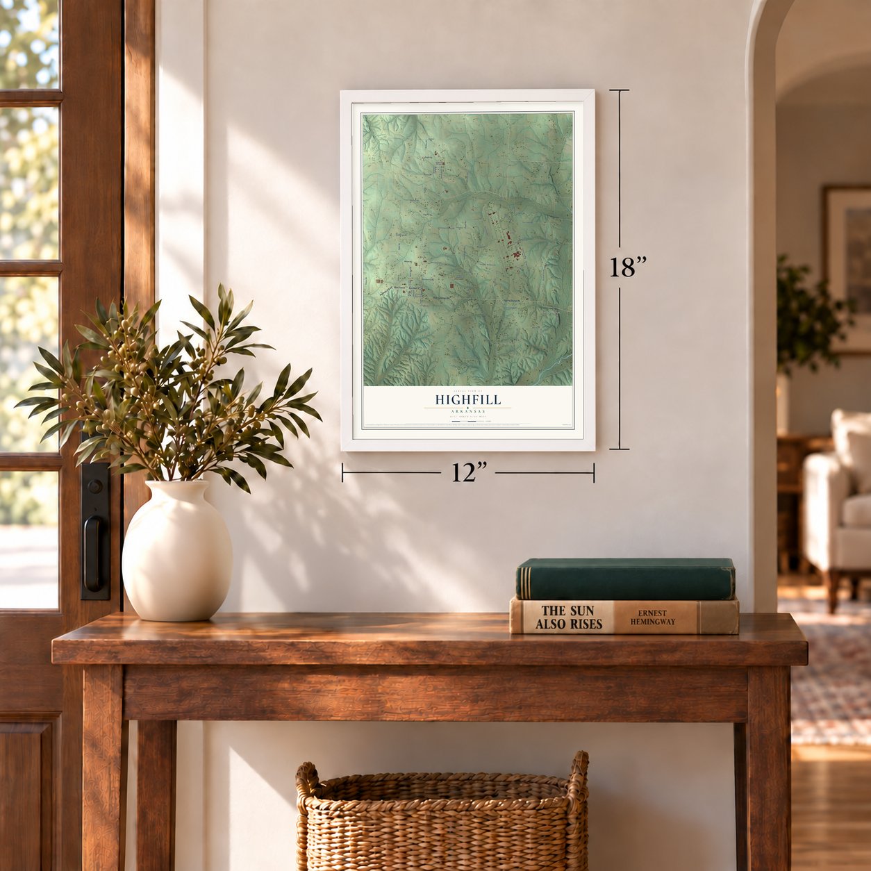 Highfill, Arkansas map, 12 x 18 inch print in a white frame in an entryway
