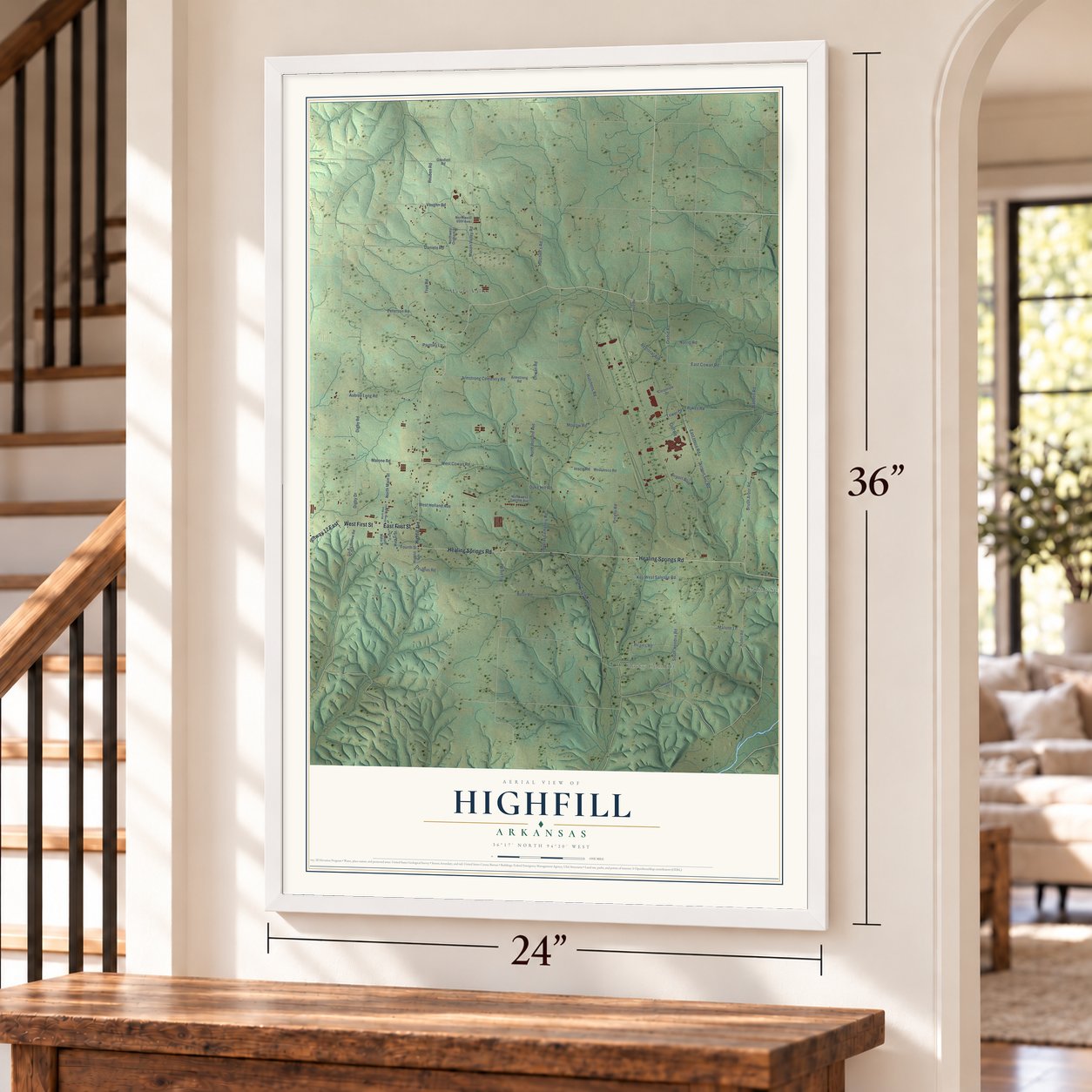 Highfill, Arkansas map, 24 x 36 inch print in a white frame by a staircase