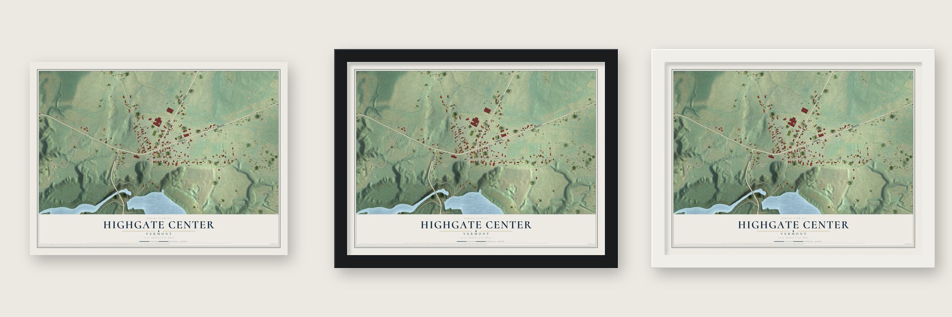 Highgate Center, Vermont map unframed, in a black wood frame and in a white wood frame