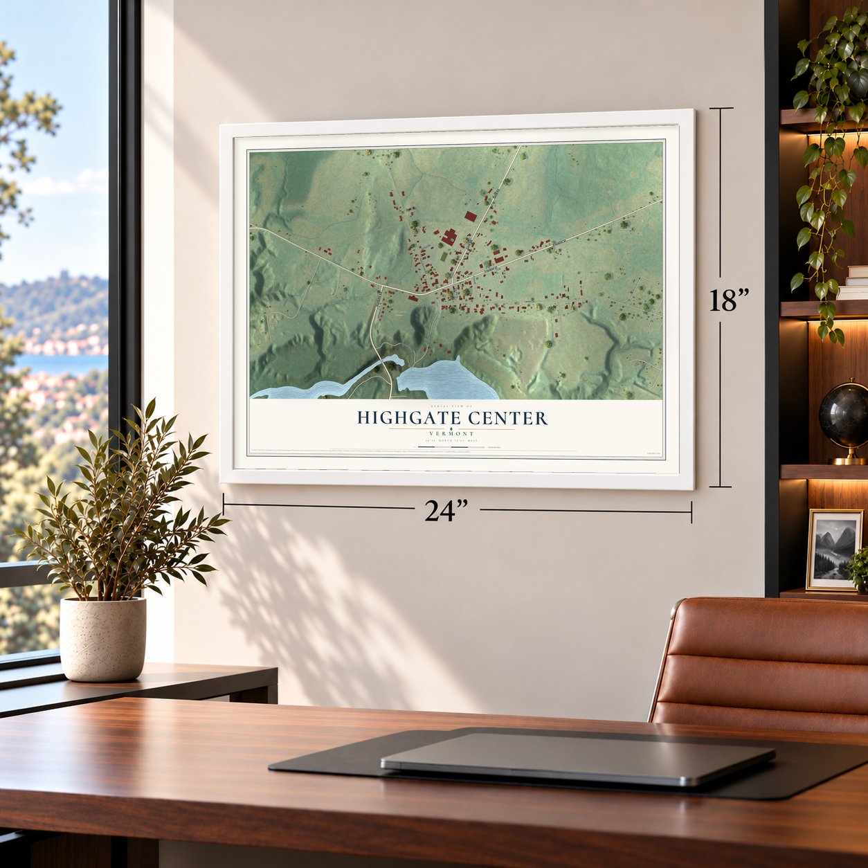 Highgate Center, Vermont map, 18 x 24 inch print in a white frame in a home office
