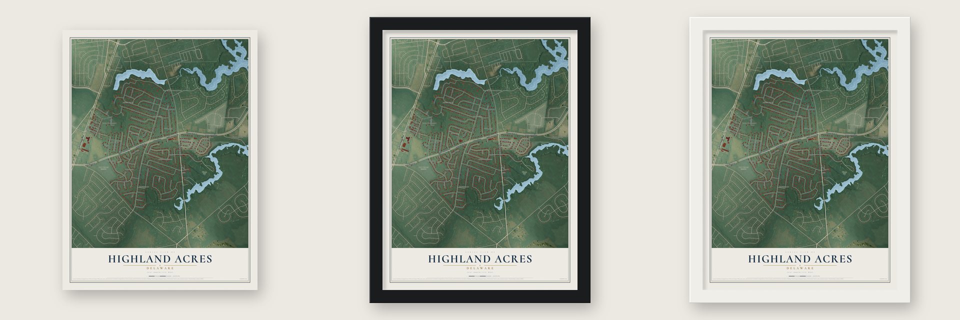 Highland Acres, Delaware map unframed, in a black wood frame and in a white wood frame