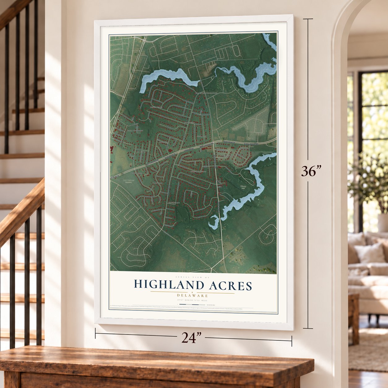 Highland Acres, Delaware map, 24 x 36 inch print in a white frame by a staircase