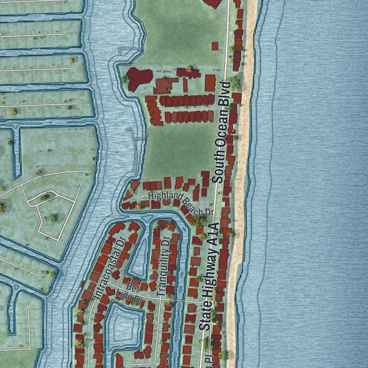 Second close-up of the map of Highland Beach, Florida print showing more streets and buildings