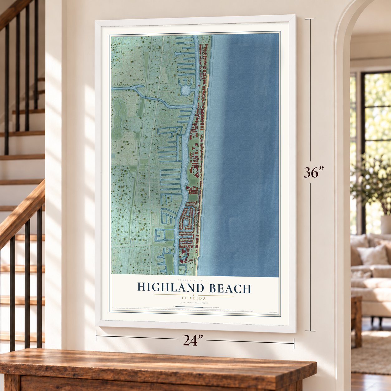 Highland Beach, Florida map, 24 x 36 inch print in a white frame by a staircase