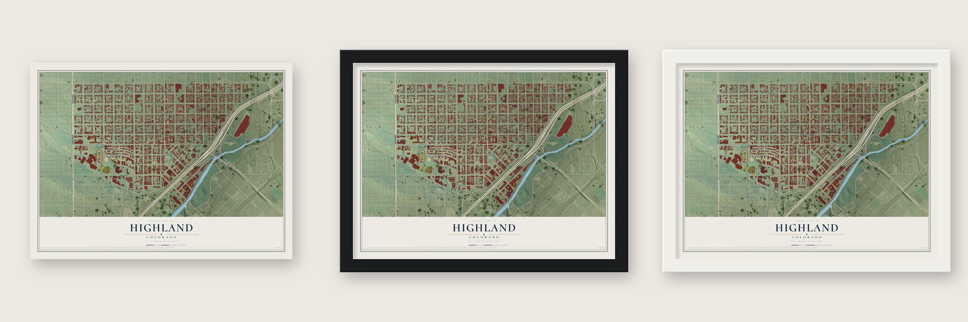 Highland, Colorado map unframed, in a black wood frame and in a white wood frame