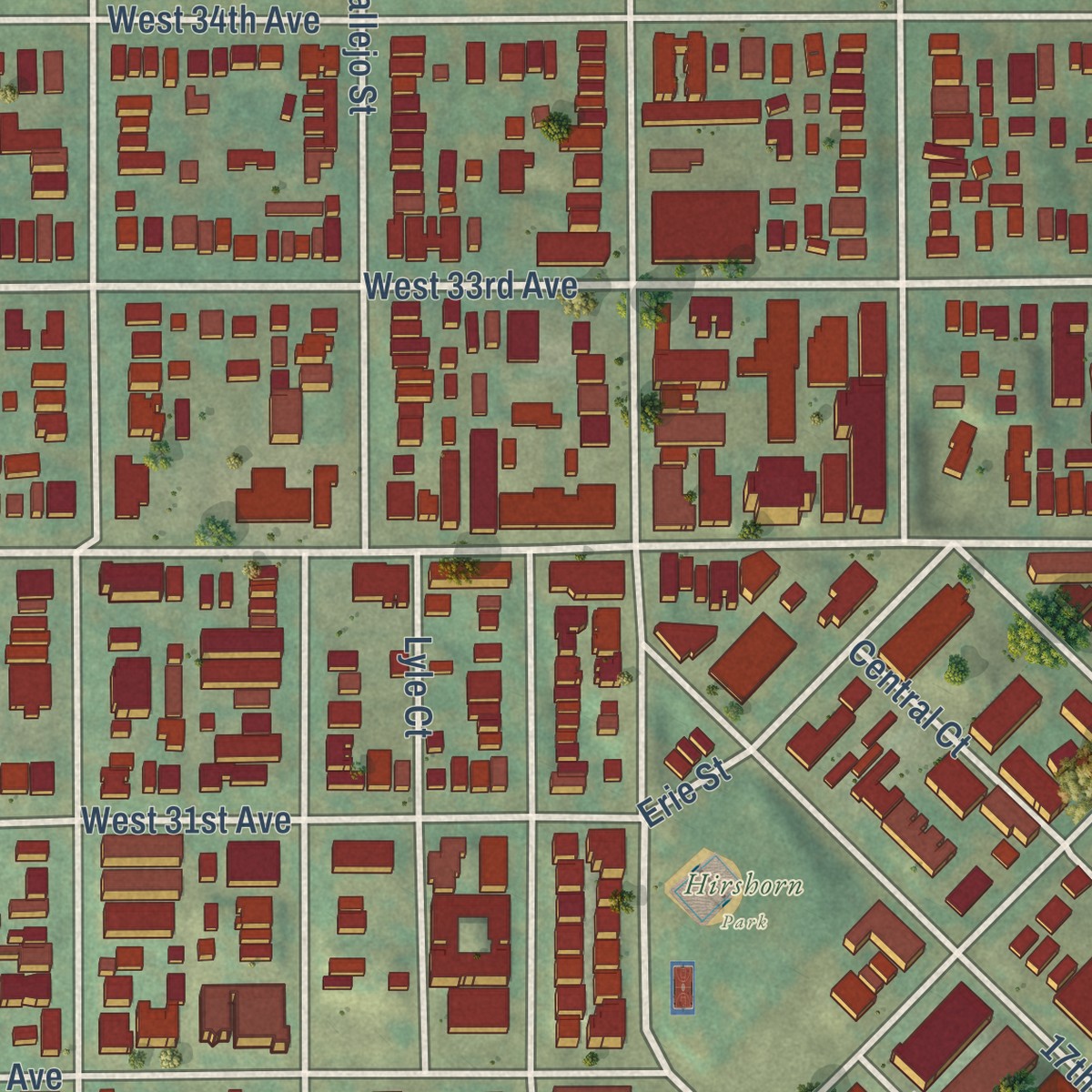 Second close-up of the map of Highland, Colorado print showing more streets and buildings