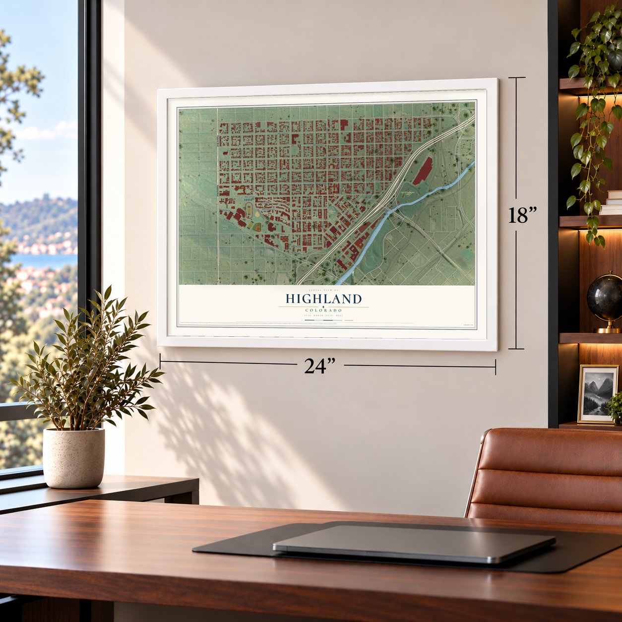 Highland, Colorado map, 18 x 24 inch print in a white frame in a home office
