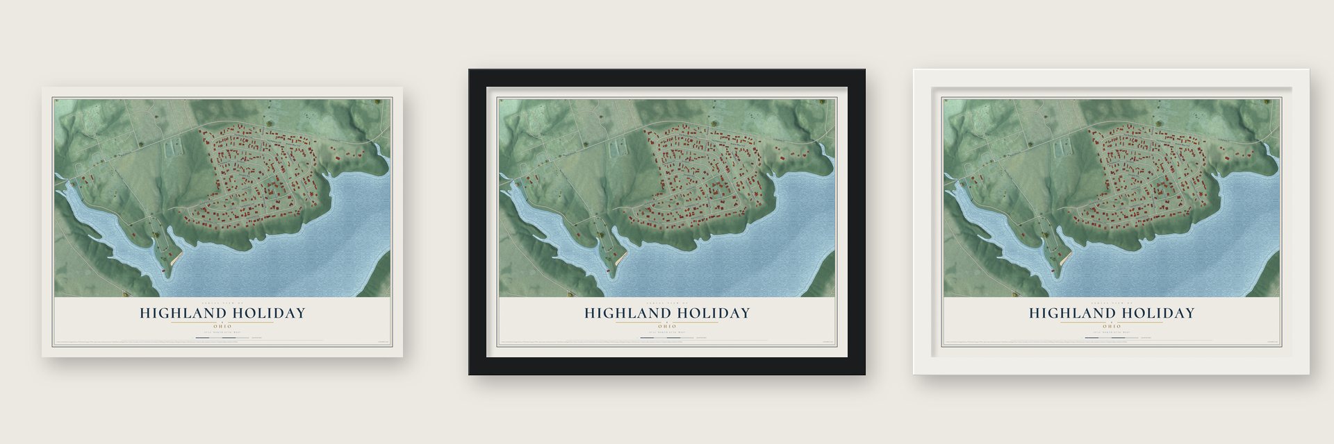 Highland Holiday, Ohio map unframed, in a black wood frame and in a white wood frame