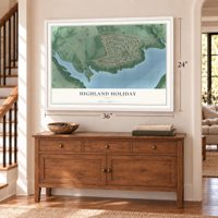 Highland Holiday, Ohio map, 24 x 36 inch print in a white frame above a dresser by a staircase