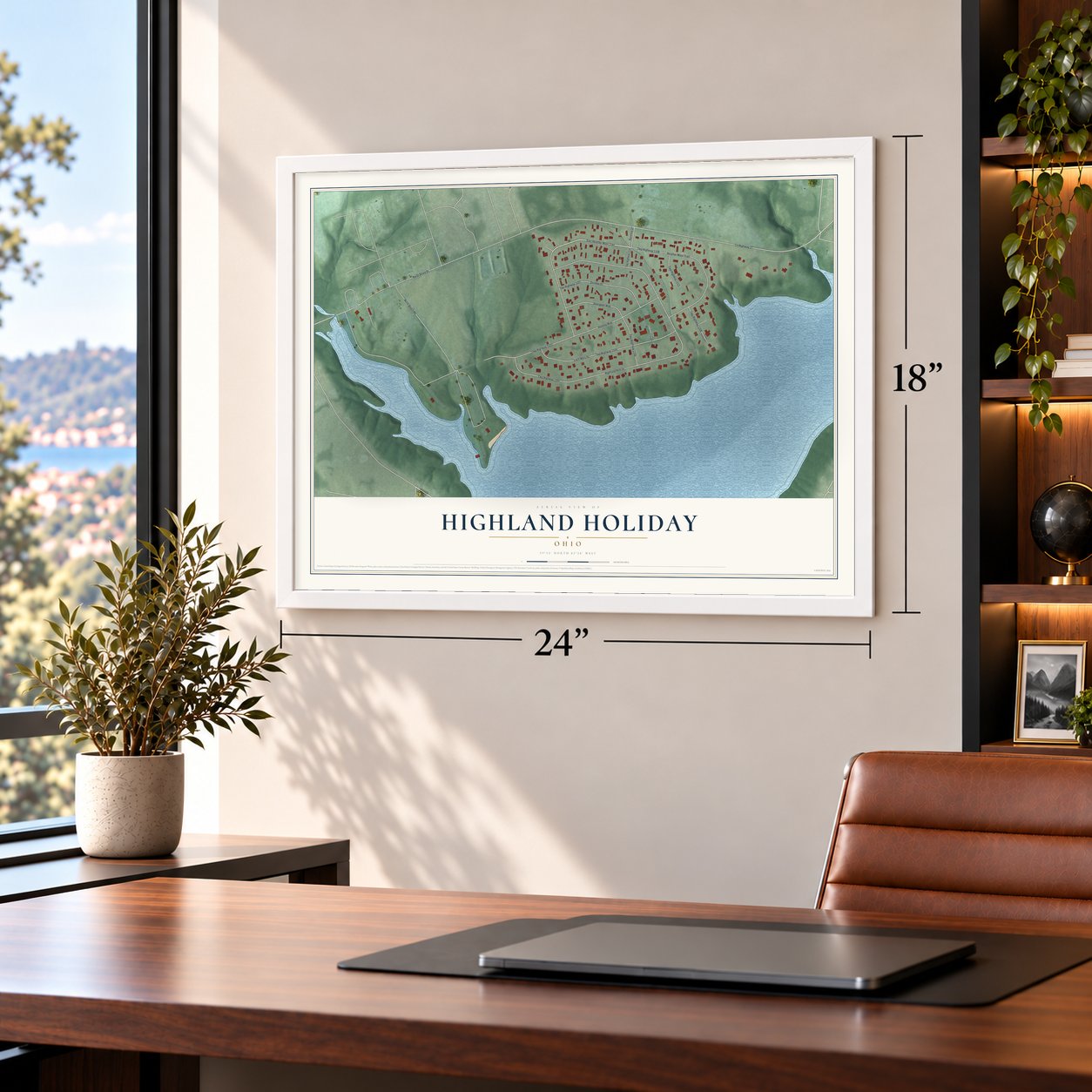Highland Holiday, Ohio map, 18 x 24 inch print in a white frame in a home office