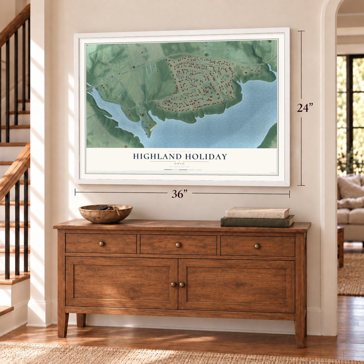 Highland Holiday, Ohio map, 24 x 36 inch print in a white frame above a dresser by a staircase