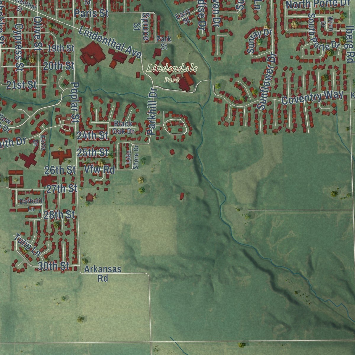 Second close-up of the map of Highland, Illinois print showing more streets and buildings
