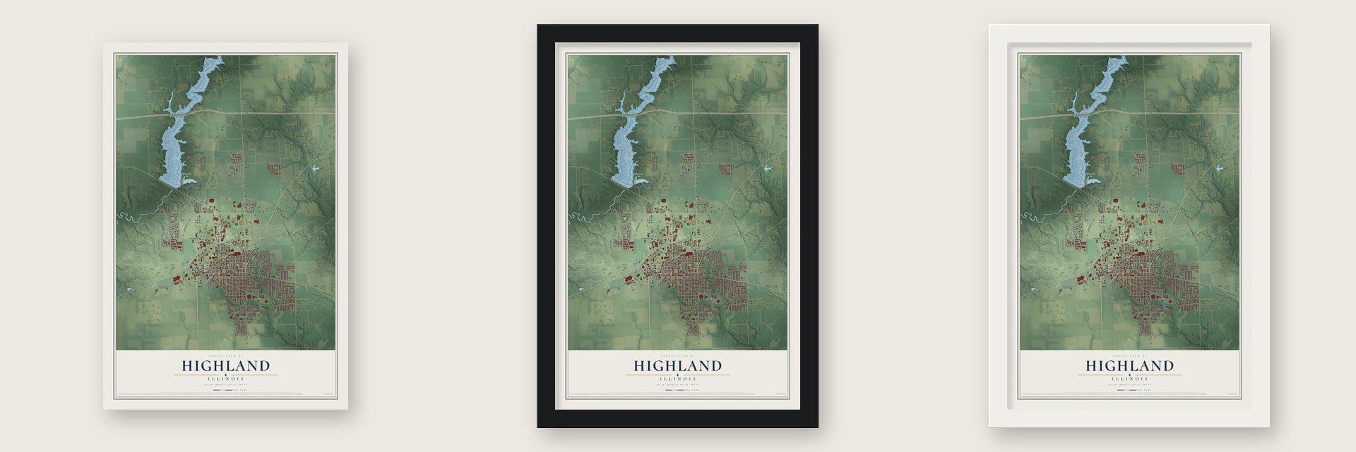 Highland, Illinois map unframed, in a black wood frame and in a white wood frame
